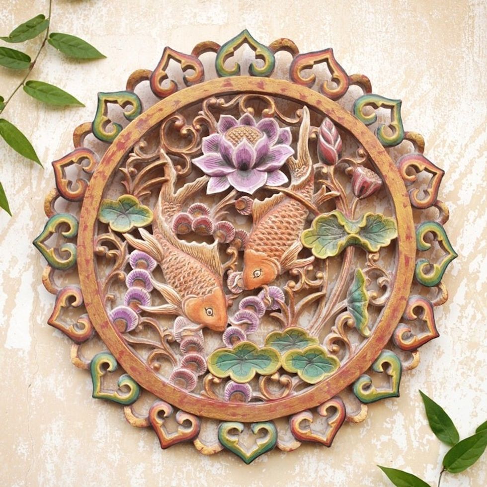 Hand Crafted Suar Wood Relief Panel 'Floating Koi'