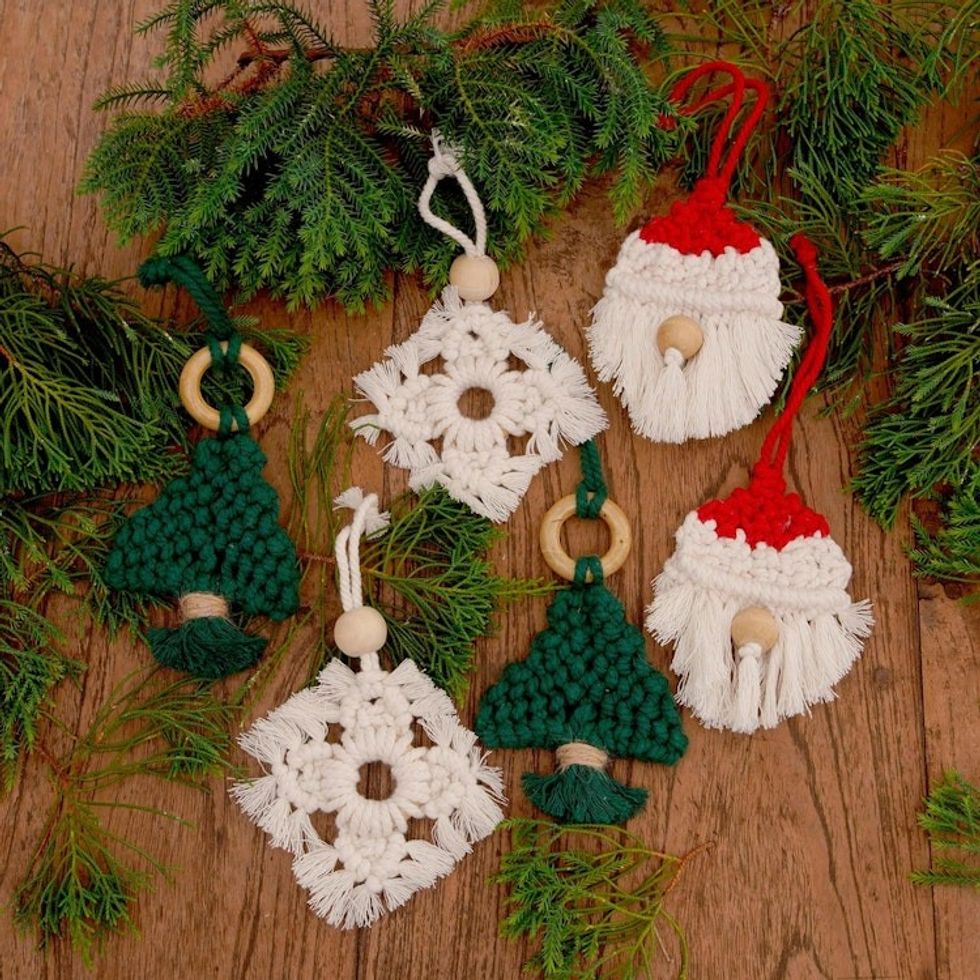 Handmade Cotton and Bamboo Holiday Ornaments Set of 6 'Christmas Celebration'