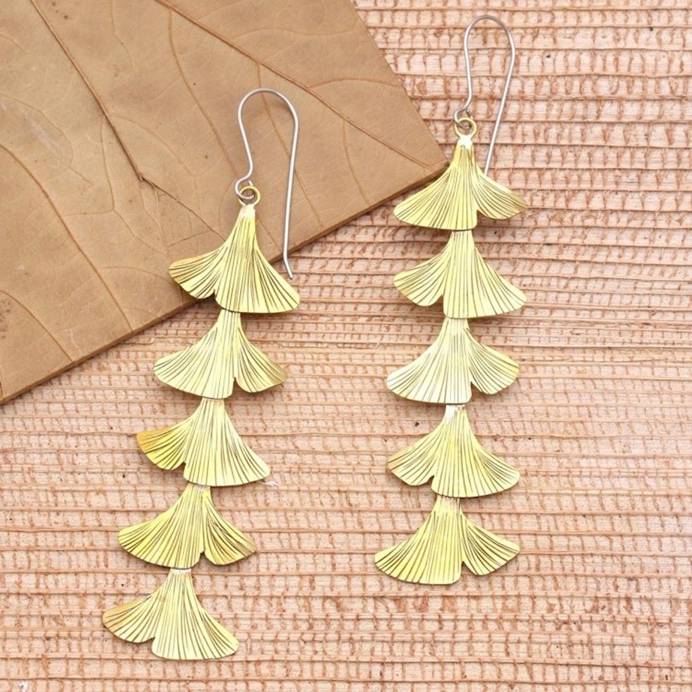 Artisan Made 4 Inch Modern Brass Dangle Earrings 'Golden Christmas'