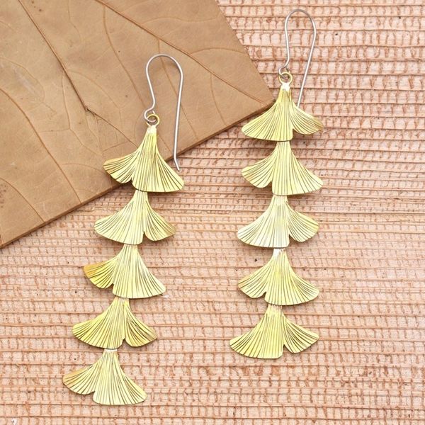 Alternate image for Artisan Made 4 Inch Modern Brass Dangle Earrings Golden Christmas