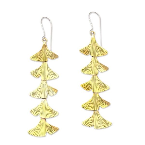 Alternate image for Artisan Made 4 Inch Modern Brass Dangle Earrings Golden Christmas