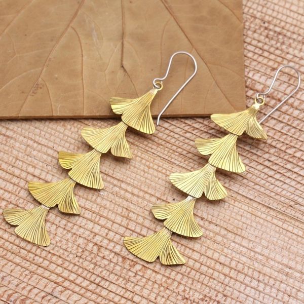 Alternate image for Artisan Made 4 Inch Modern Brass Dangle Earrings Golden Christmas