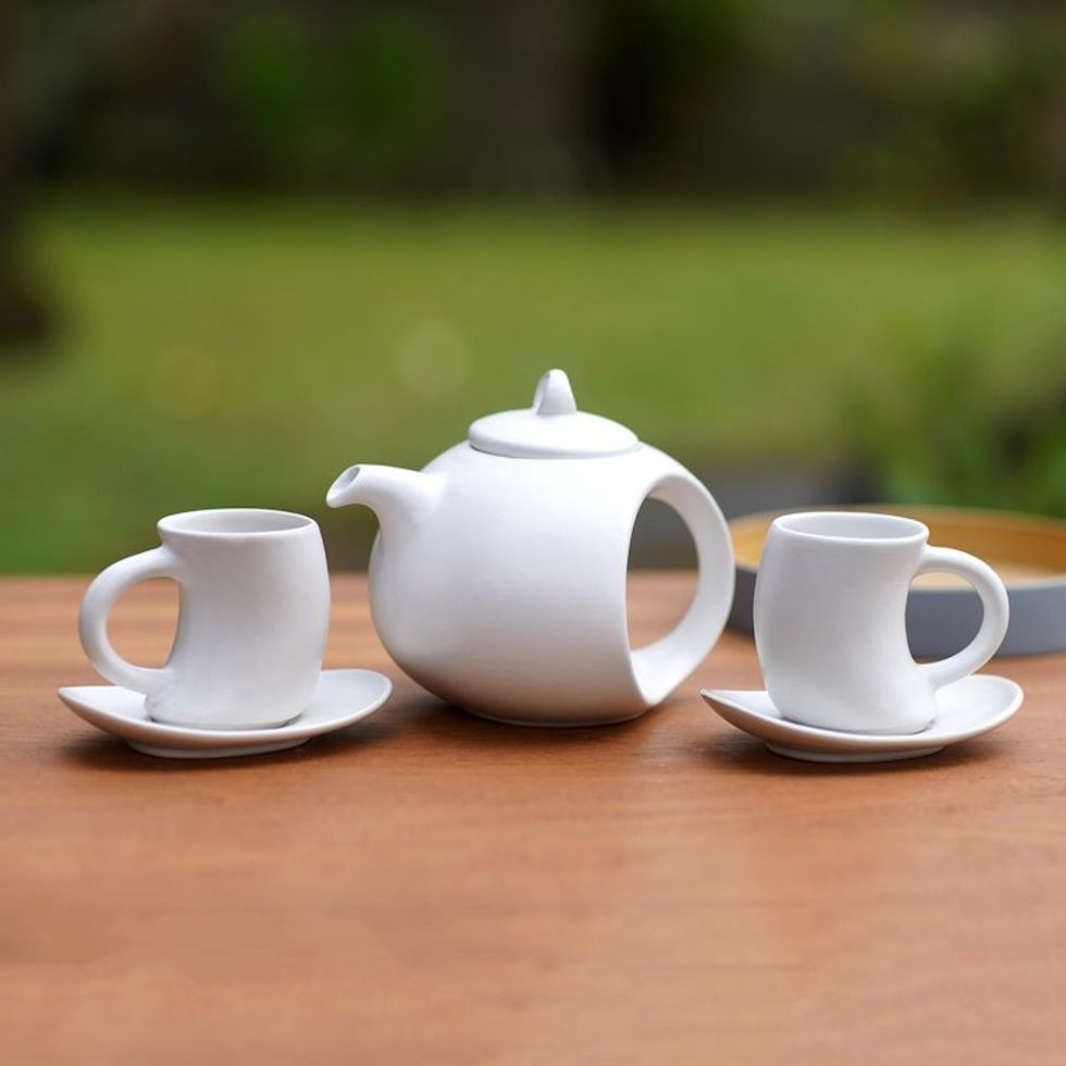 Hand Crafted White Ceramic Tea Set Set for 2 'Pour the Tea in White'