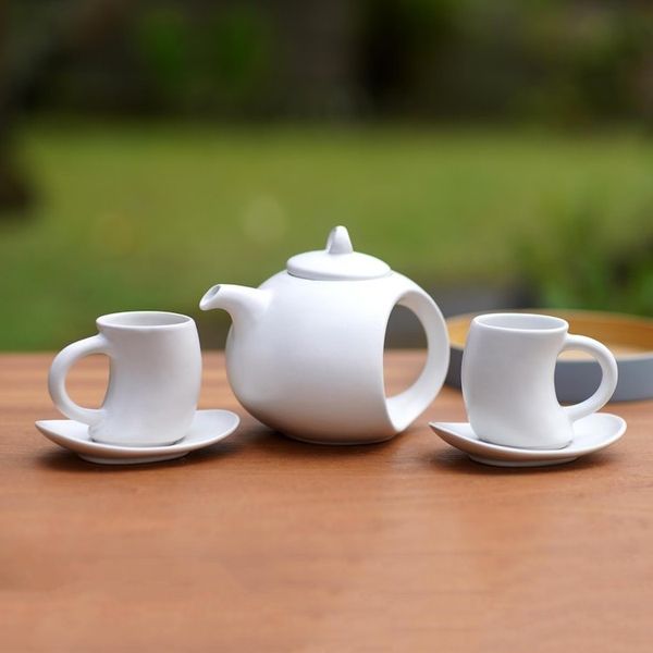 Alternate image for Hand Crafted White Ceramic Tea Set Set for 2 Pour the Tea in White
