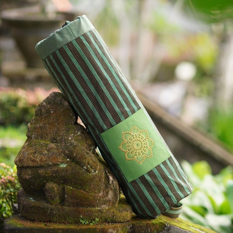 Ikat Cotton Yoga Mat Carrier with Lurik Accent 'Striped Mandala'