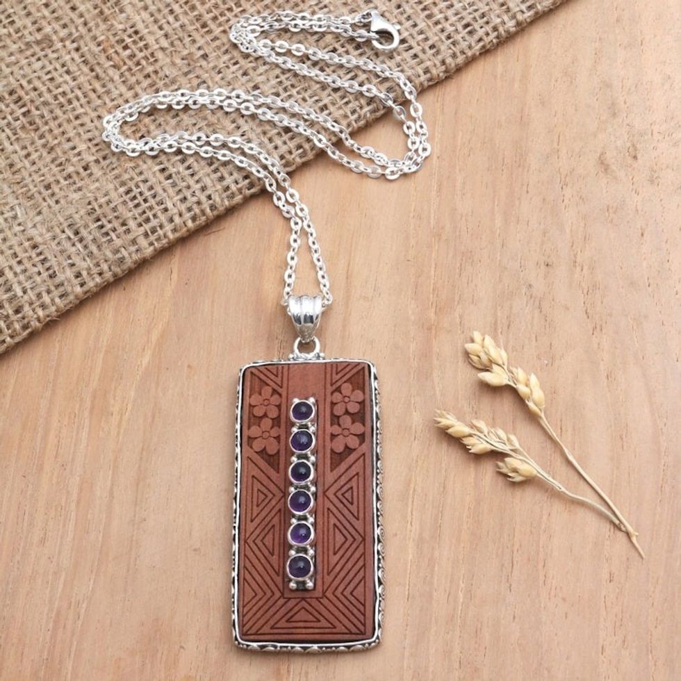Amethyst and Sawo Wood Pendant Necklace 'Scent of Mystery'