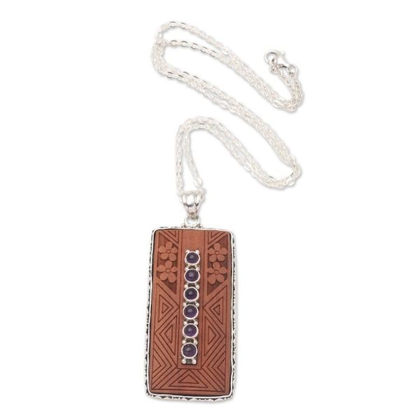 Alternate image for Amethyst and Sawo Wood Pendant Necklace Scent of Mystery