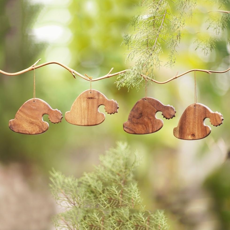 Handcrafted Wood Ornaments from Bali Set of 4 'Santa Hats'