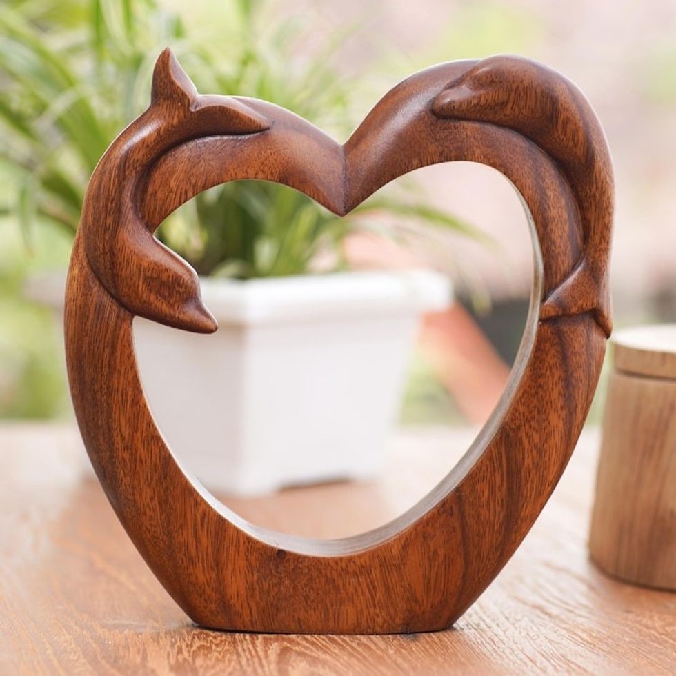 Suar Wood Heart and Dolphin Motif Statuette 'Dolphin Romance'