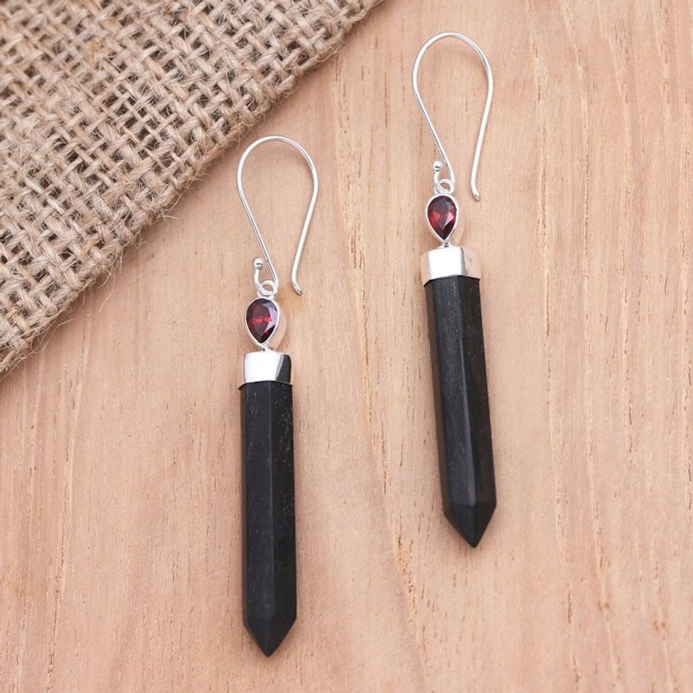 Sterling Silver and Garnet Horn Dangle Earrings from Bali 'Freedom and Faith'