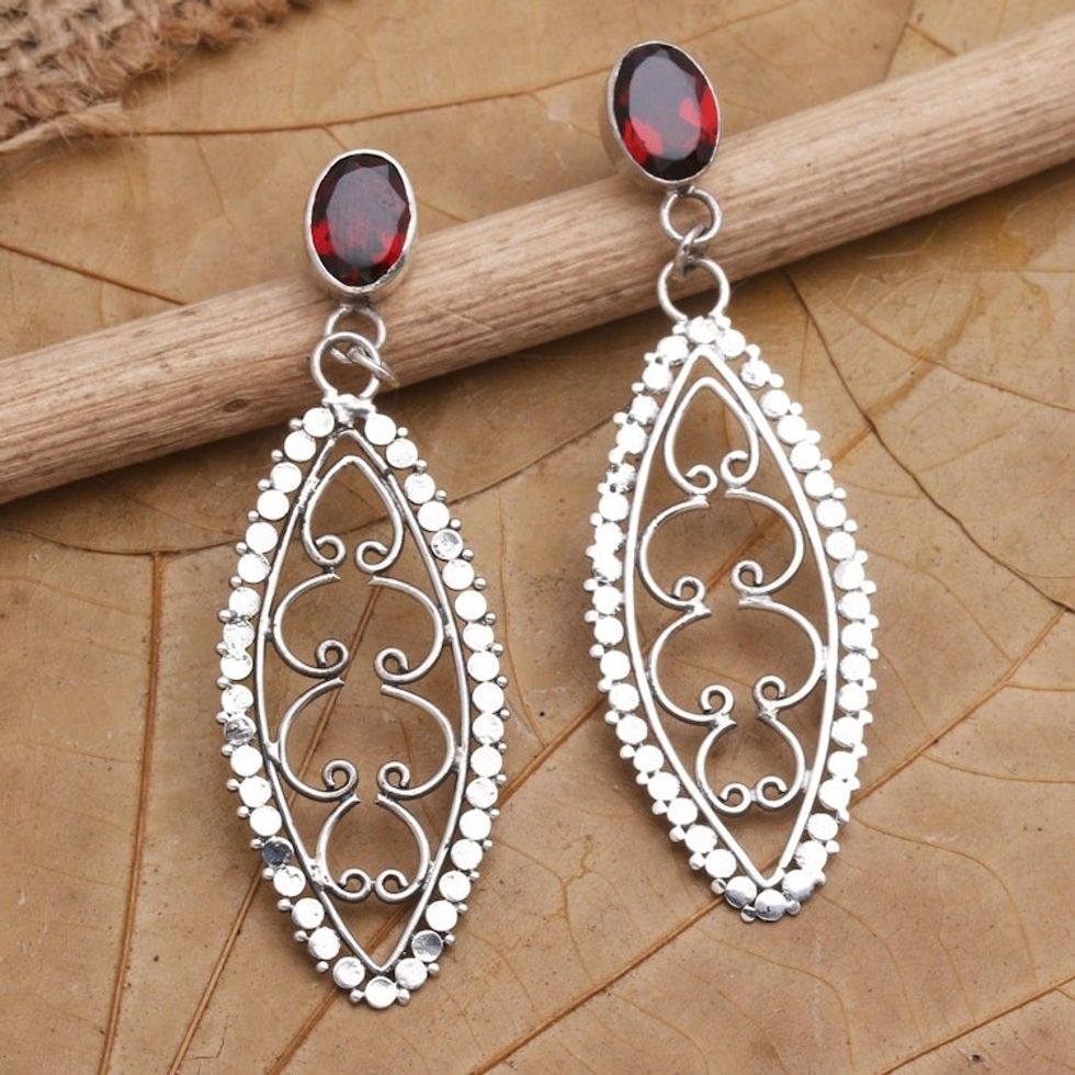 Garnet and Sterling Silver Dangle Earrings from Bali 'Lanceolate Leaf'