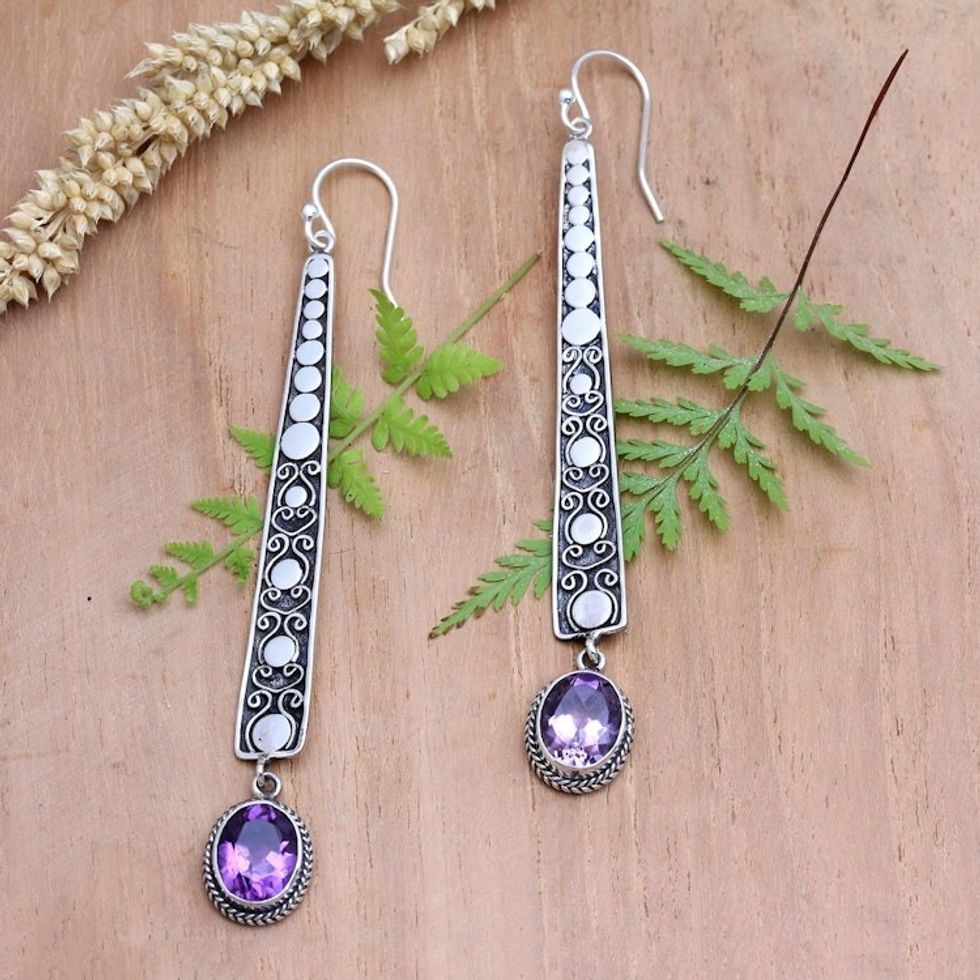 Amethyst and Sterling Silver Dangle Earrings from Bali 'Purple Snow'