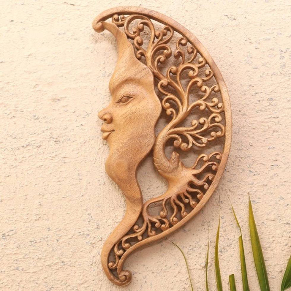 Hand Made Suar Wood Moon-Motif Relief Panel 'Moon Over Garden'