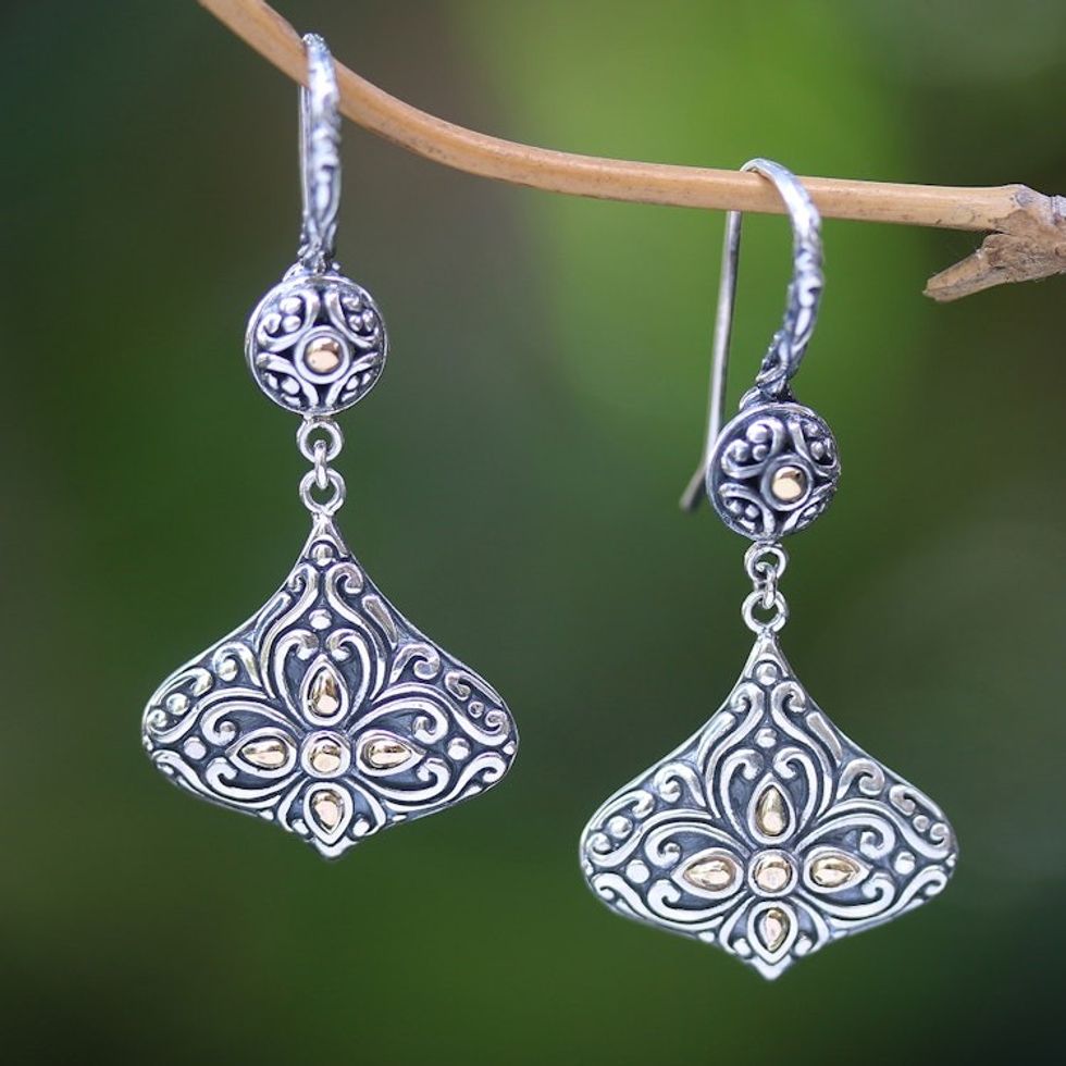 Sterling Silver Lantern Shaped Earrings with Gold Accents 'Genie Bottles'