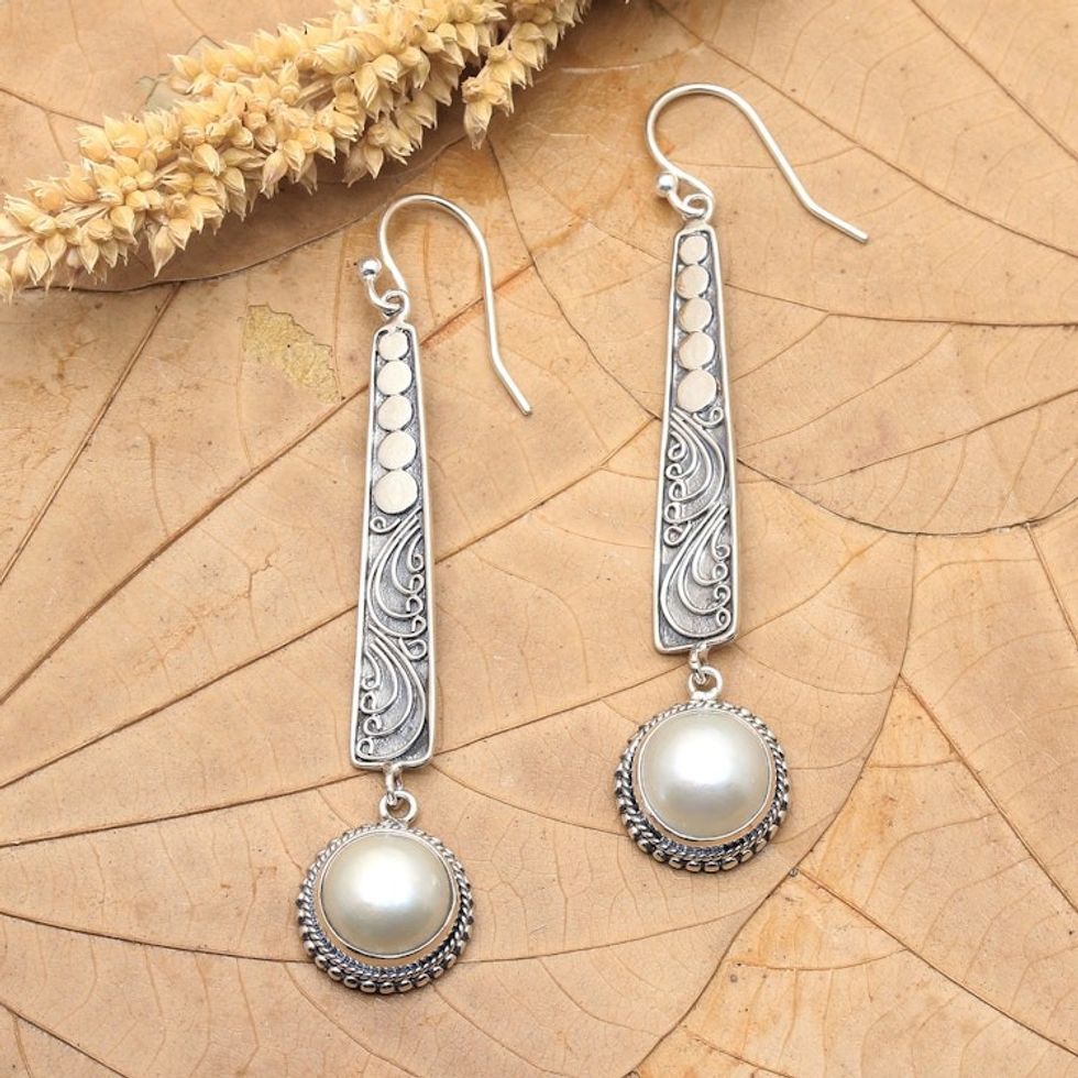Artisan Crafted Cultured Mabe Pearl Dangle Earrings 'Like a Melody in Grey'