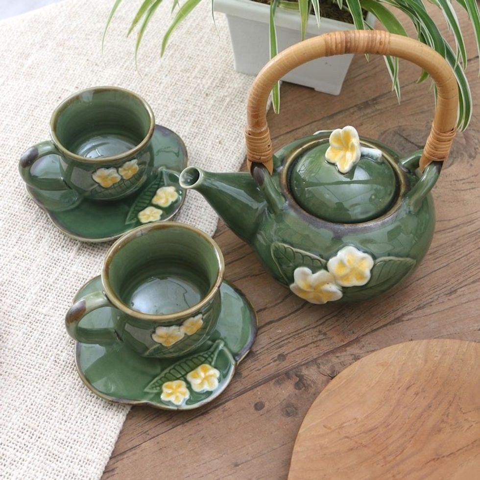 Ceramic Tea Set for Two with Bamboo Accent 5 Pcs 'Forest Frangipani'