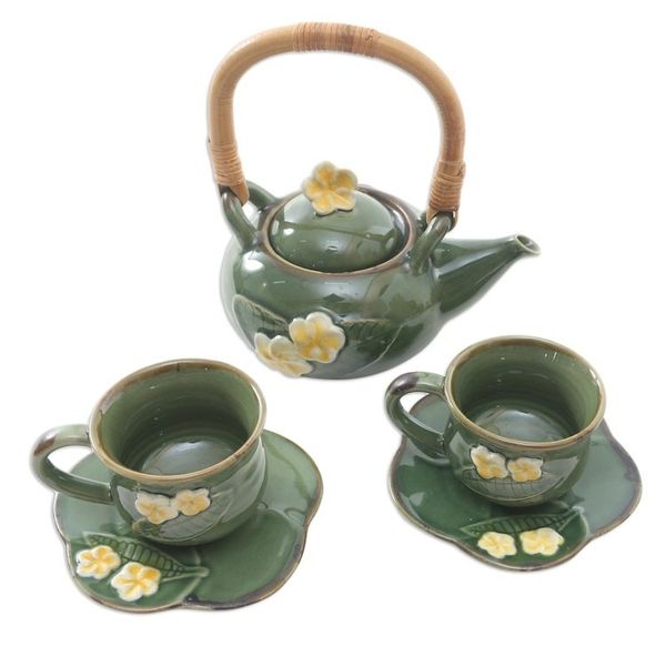 Alternate image for Ceramic Tea Set for Two with Bamboo Accent 5 Pcs Forest Frangipani