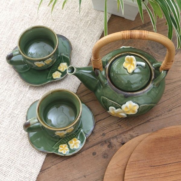 Alternate image for Ceramic Tea Set for Two with Bamboo Accent 5 Pcs Forest Frangipani