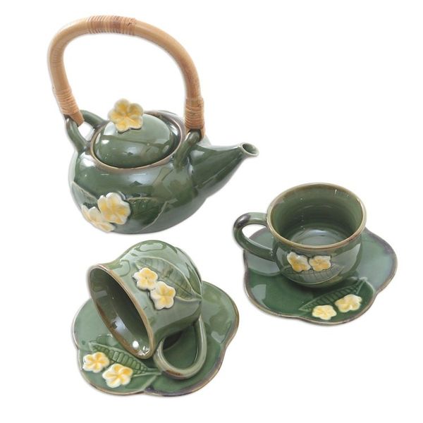Alternate image for Ceramic Tea Set for Two with Bamboo Accent 5 Pcs Forest Frangipani