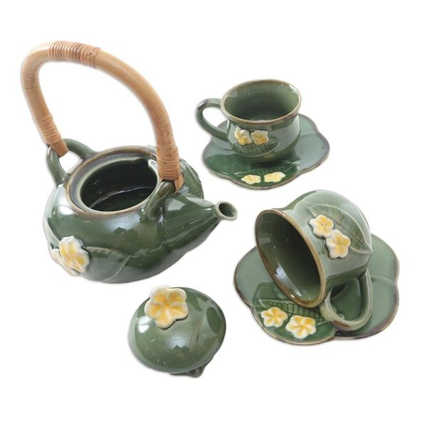 Alternate image for Ceramic Tea Set for Two with Bamboo Accent 5 Pcs Forest Frangipani