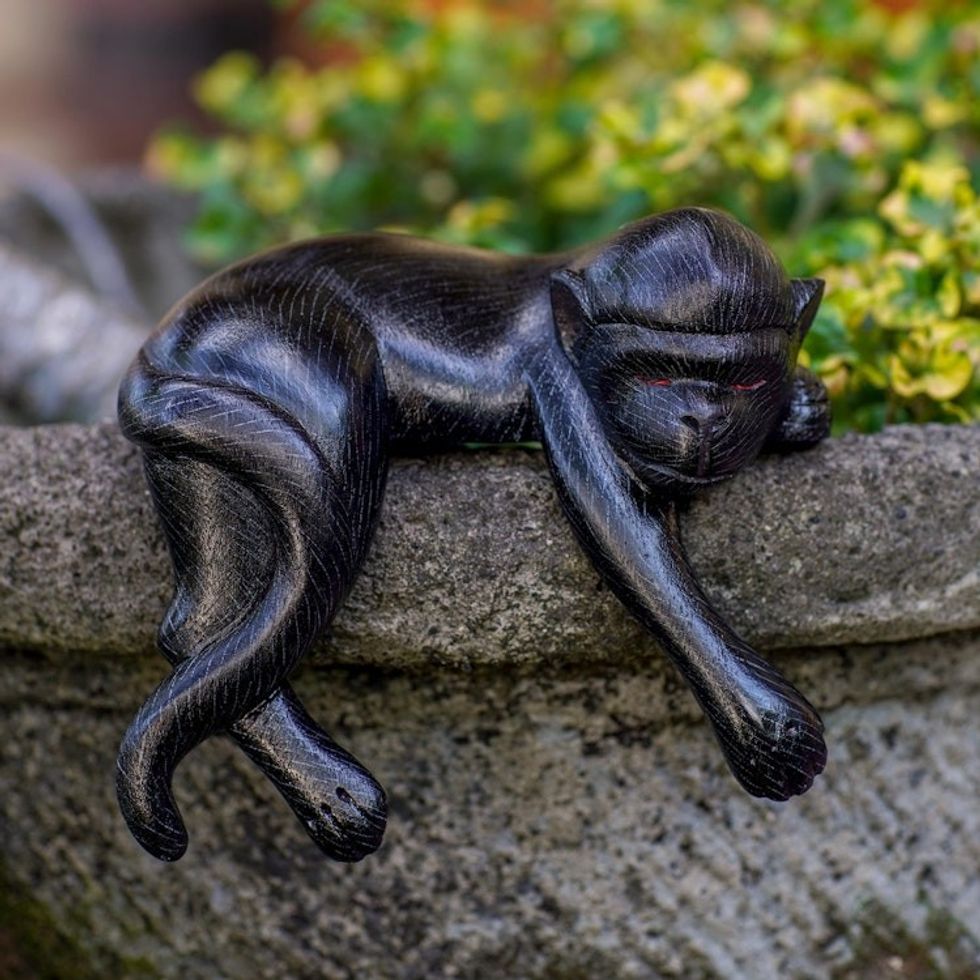 Suar Wood Black Monkey Statuette 'Sleeping Monkey in Black'
