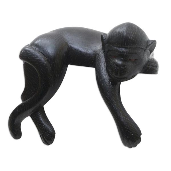Alternate image for Suar Wood Black Monkey Statuette Sleeping Monkey in Black