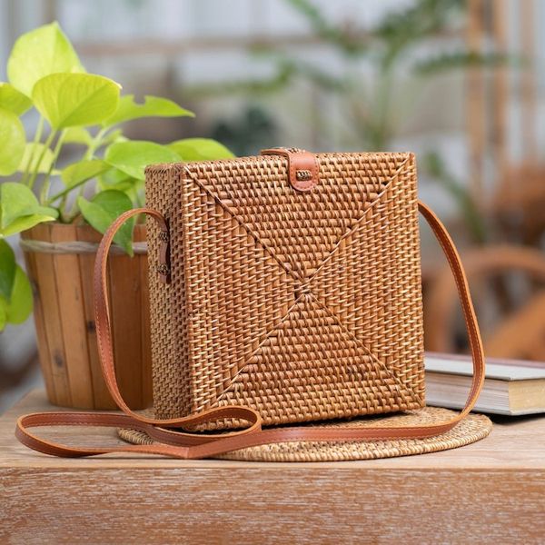 Alternate image for Woven Bamboo Sling Bag with Faux Leather Accent Lucky Lady