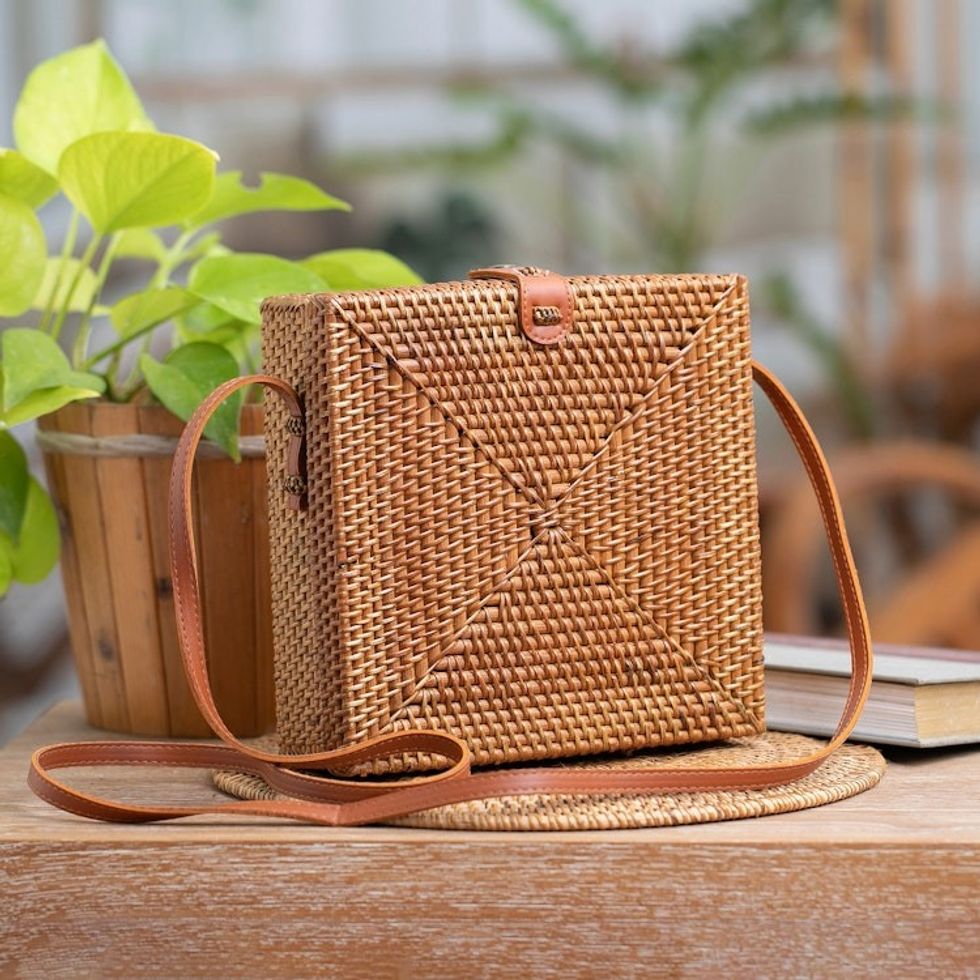 Woven Bamboo Sling Bag with Faux Leather Accent 'Lucky Lady'