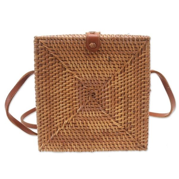 Alternate image for Woven Bamboo Sling Bag with Faux Leather Accent Lucky Lady