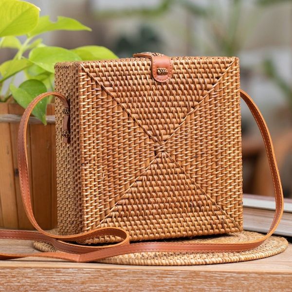 Alternate image for Woven Bamboo Sling Bag with Faux Leather Accent Lucky Lady