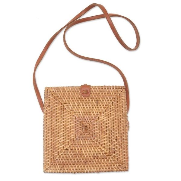 Alternate image for Woven Bamboo Sling Bag with Faux Leather Accent Lucky Lady