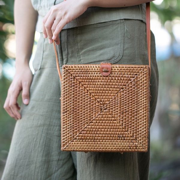 Alternate image for Woven Bamboo Sling Bag with Faux Leather Accent Lucky Lady