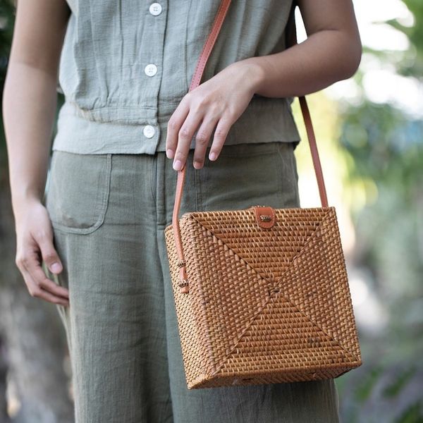 Alternate image for Woven Bamboo Sling Bag with Faux Leather Accent Lucky Lady