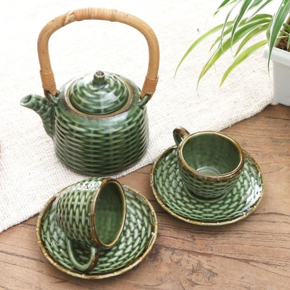 Ceramic and Bamboo Tea Set for Two 5 Pcs 'Traditional Tea'