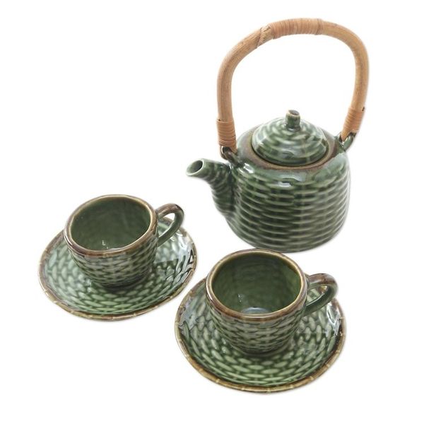Alternate image for Ceramic and Bamboo Tea Set for Two 5 Pcs Traditional Tea
