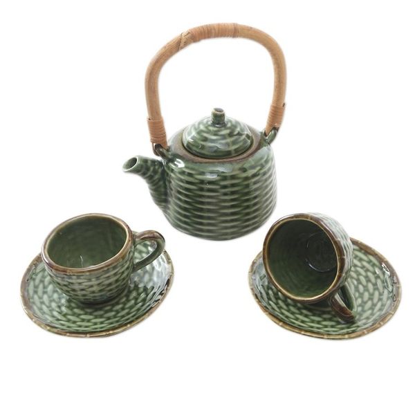 Alternate image for Ceramic and Bamboo Tea Set for Two 5 Pcs Traditional Tea