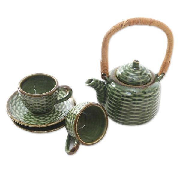 Alternate image for Ceramic and Bamboo Tea Set for Two 5 Pcs Traditional Tea