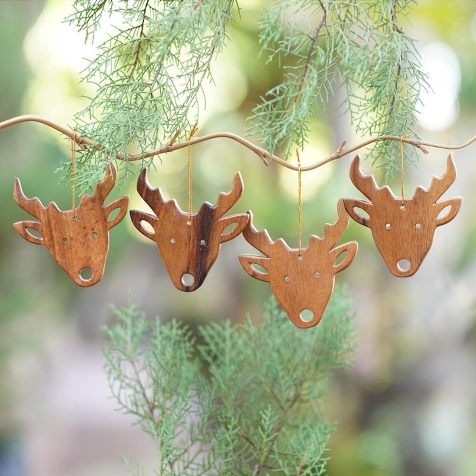 Artisan Crafted Reindeer Ornaments Set of 4 'Simple Reindeer'
