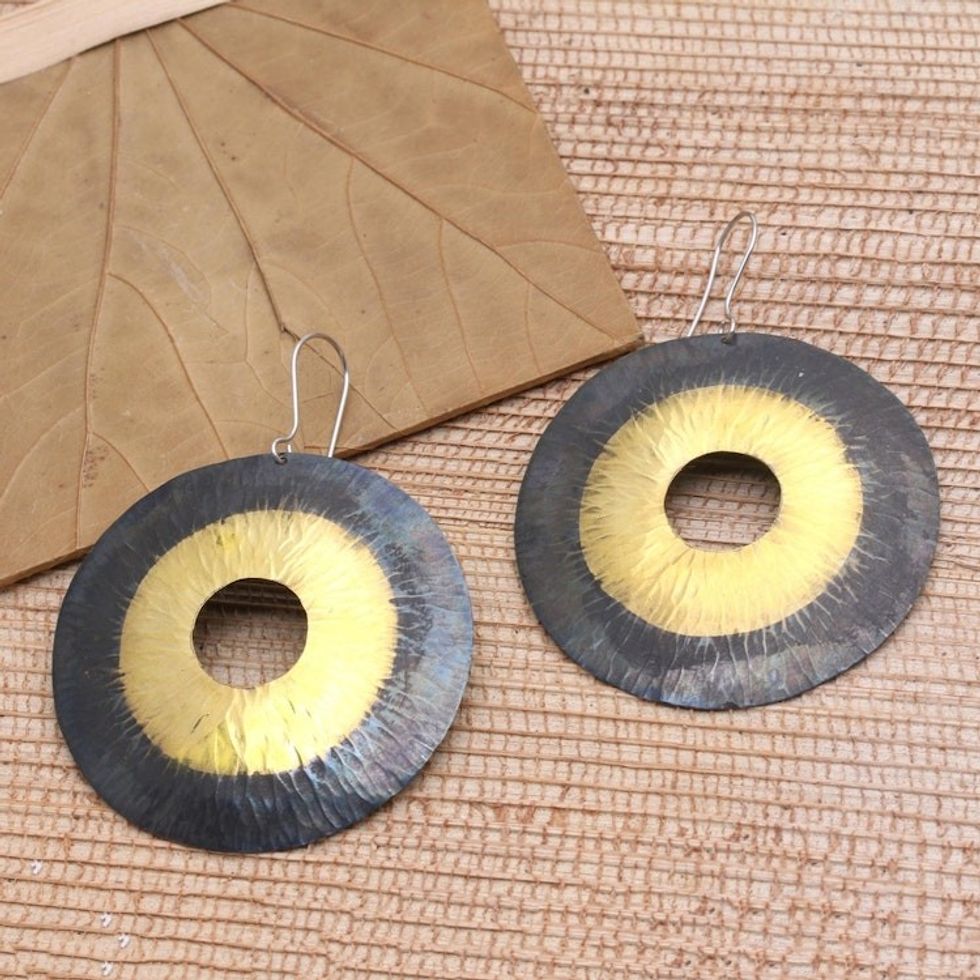 Handcrafted Circular Two Tone Brass Dangle Earrings 'Sunrise in the Dark'