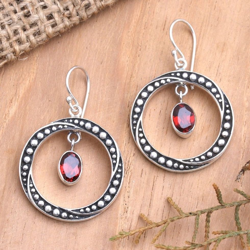Handmade Garnet and Sterling Silver Dangle Earrings 'Around the Sun'