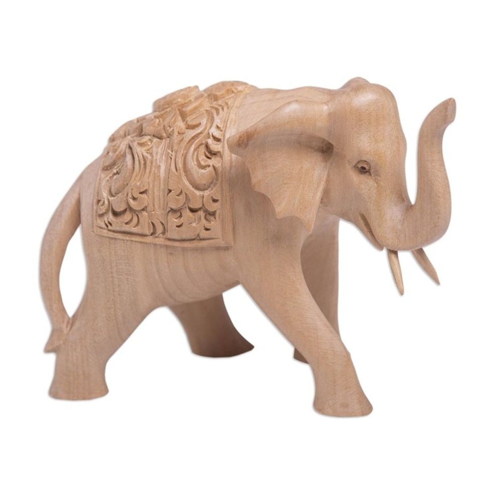 Hand Carved Wood Elephant Statuette 'Fortunate One'