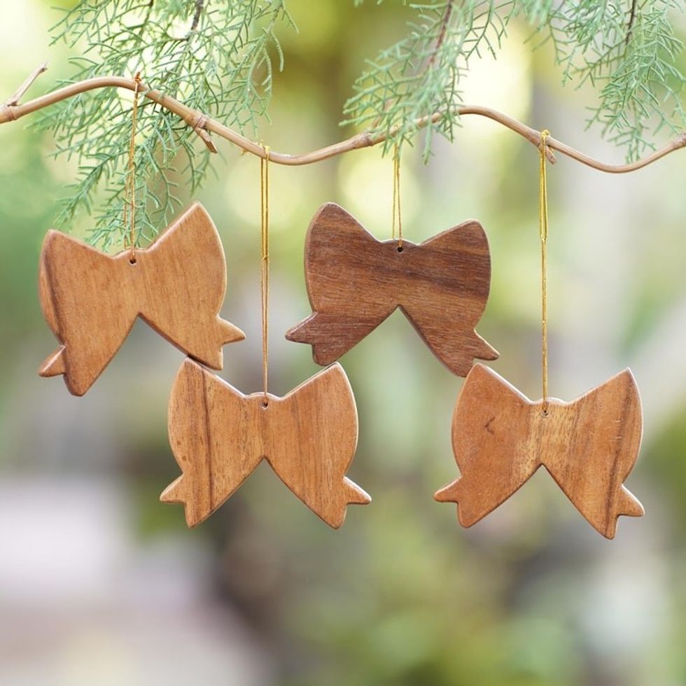 Handmade Wood Christmas Ornaments from Bali Set of 4 'Simple Bows'
