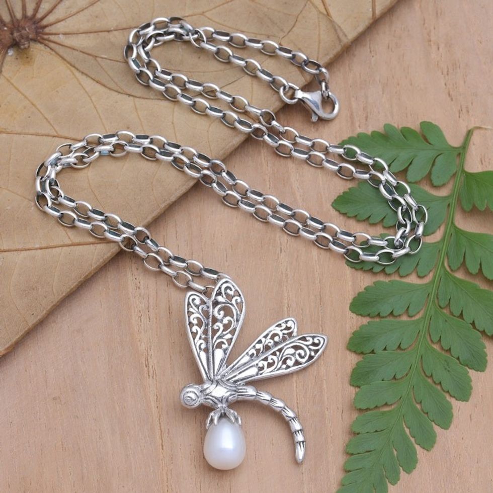 Cultured Pearl Dragonfly Pendant Necklace 'Dragonfly's Lantern'