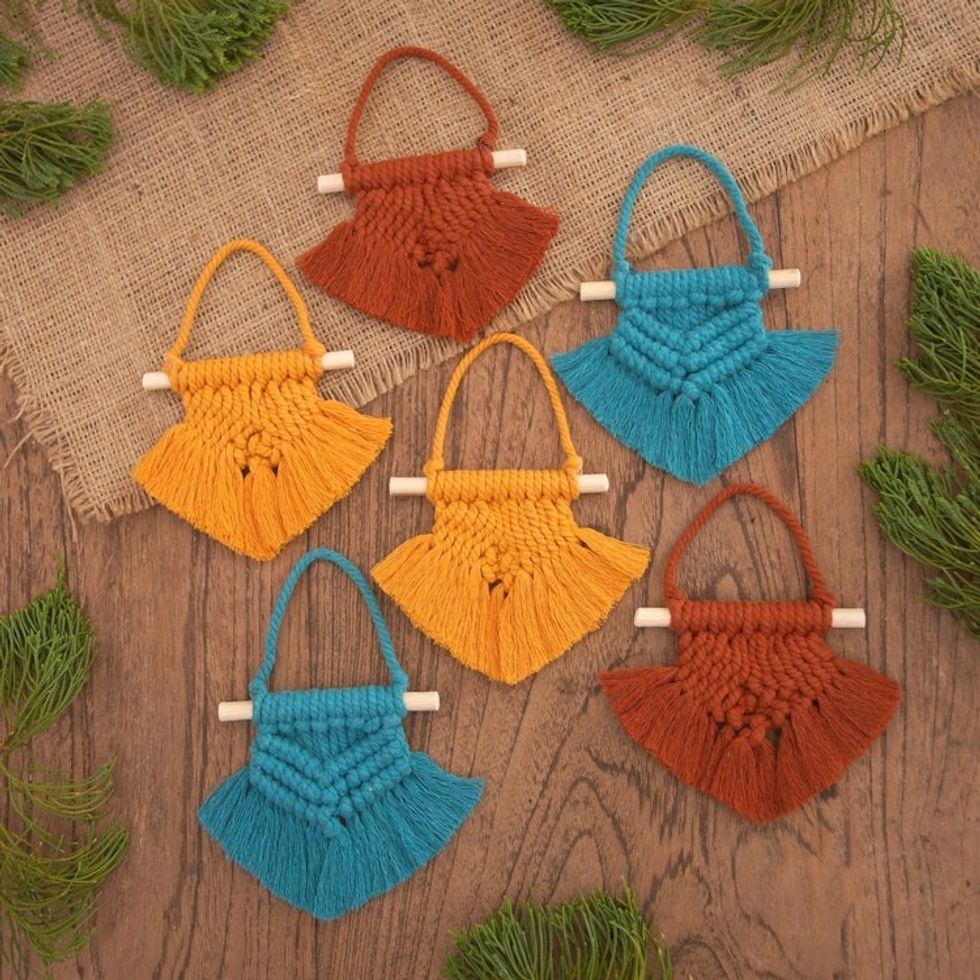 Hand Woven Colorful Cotton Holiday Ornaments Set of 6 'Boho Christmas'