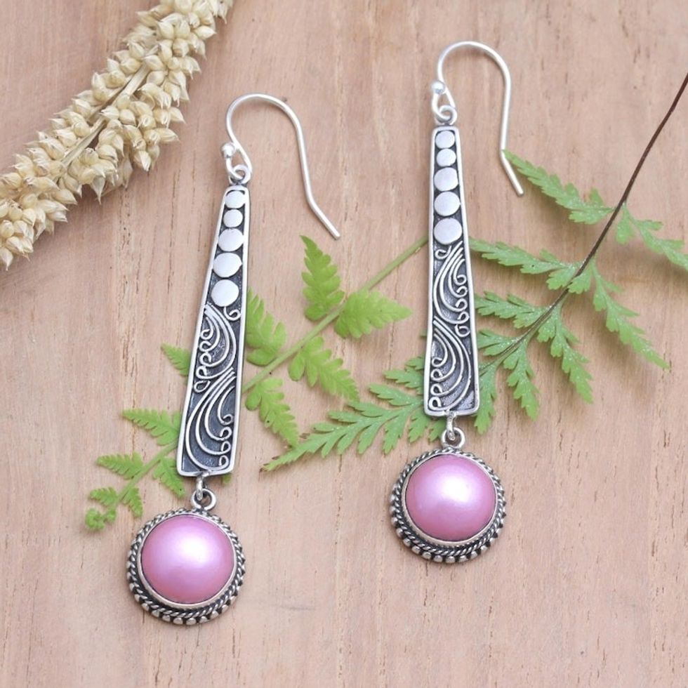 Pink Mabe Pearl and Sterling Silver Dangle Earrings 'Like a Melody in Pink'