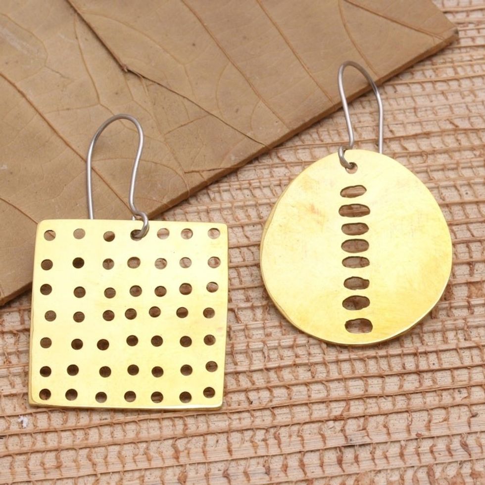 Javanese Contemporary Handcrafted Brass Dangle Earrings 'Golden Dots'