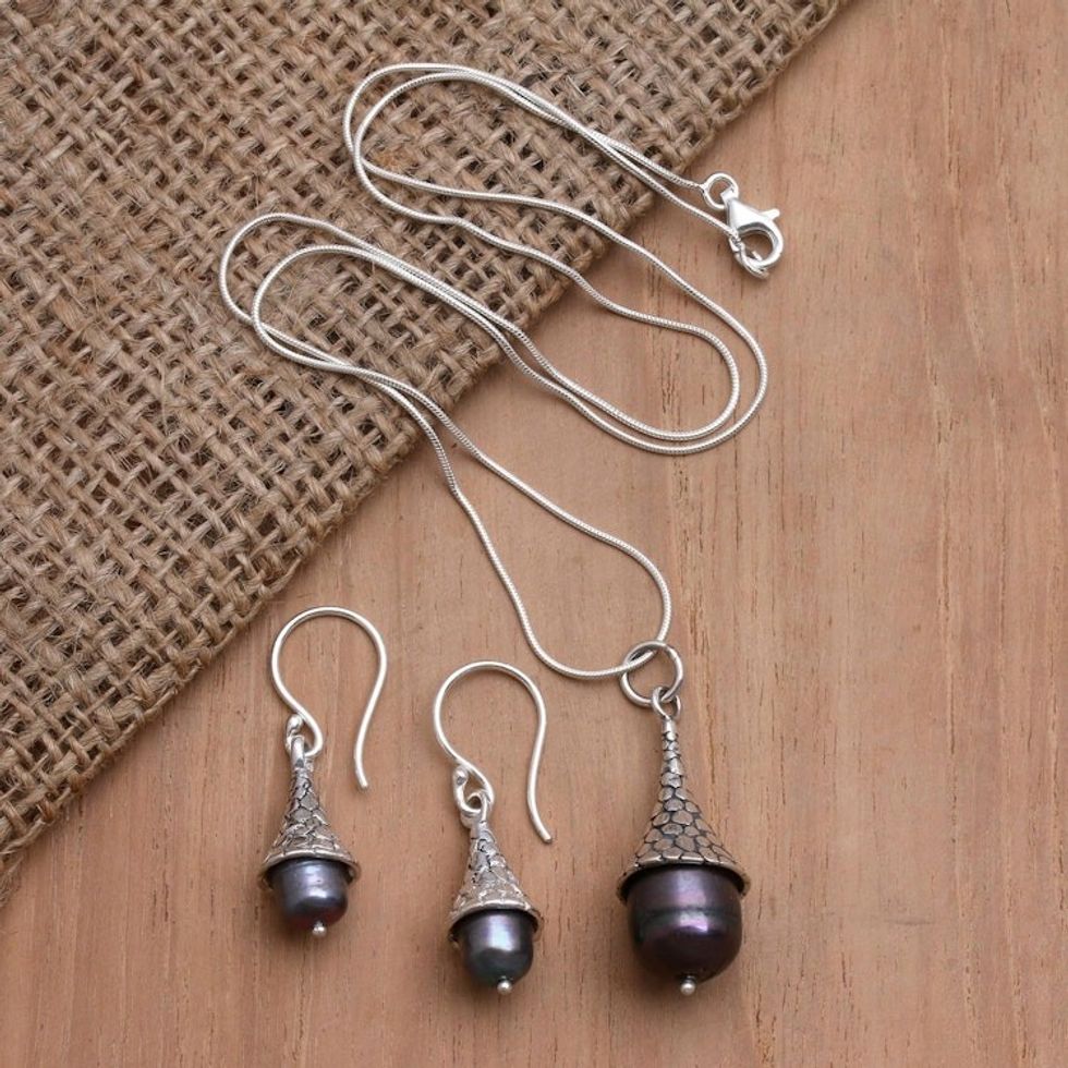 Sterling Silver and Blue Cultured Pearl Jewelry Set 'Victorian Age'