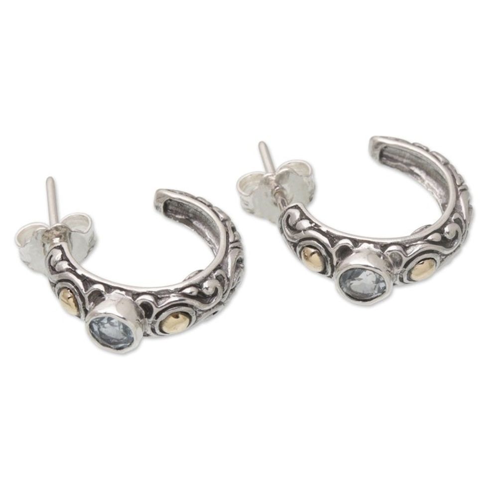 18k Gold-Accented Half-Hoop Earrings with Blue Topaz Stones 'Serene Affection'