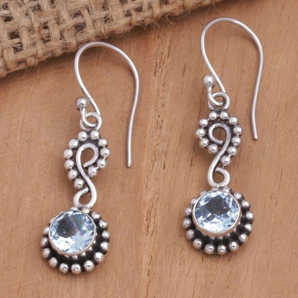 Alternate image for Sterling Silver Dangle Earrings with Faceted Blue Topaz Gems Light Blue Eyes
