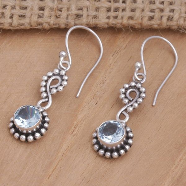 Alternate image for Sterling Silver Dangle Earrings with Faceted Blue Topaz Gems Light Blue Eyes